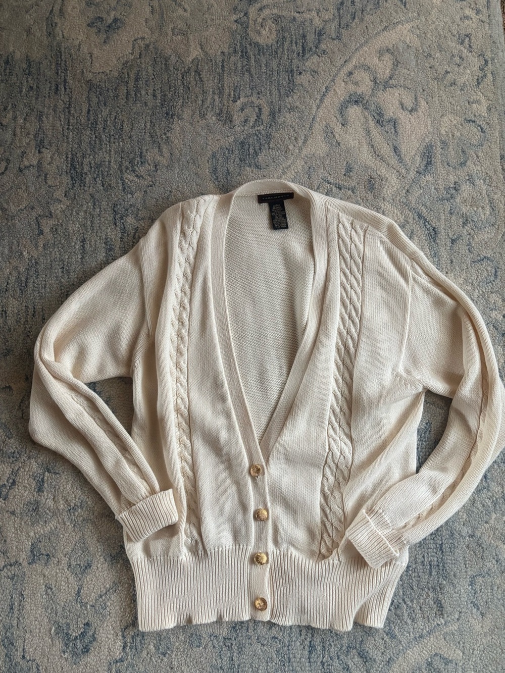 Vintage 90's Cotton Cream Cable-Trim V-Neck Cardigan Sweater